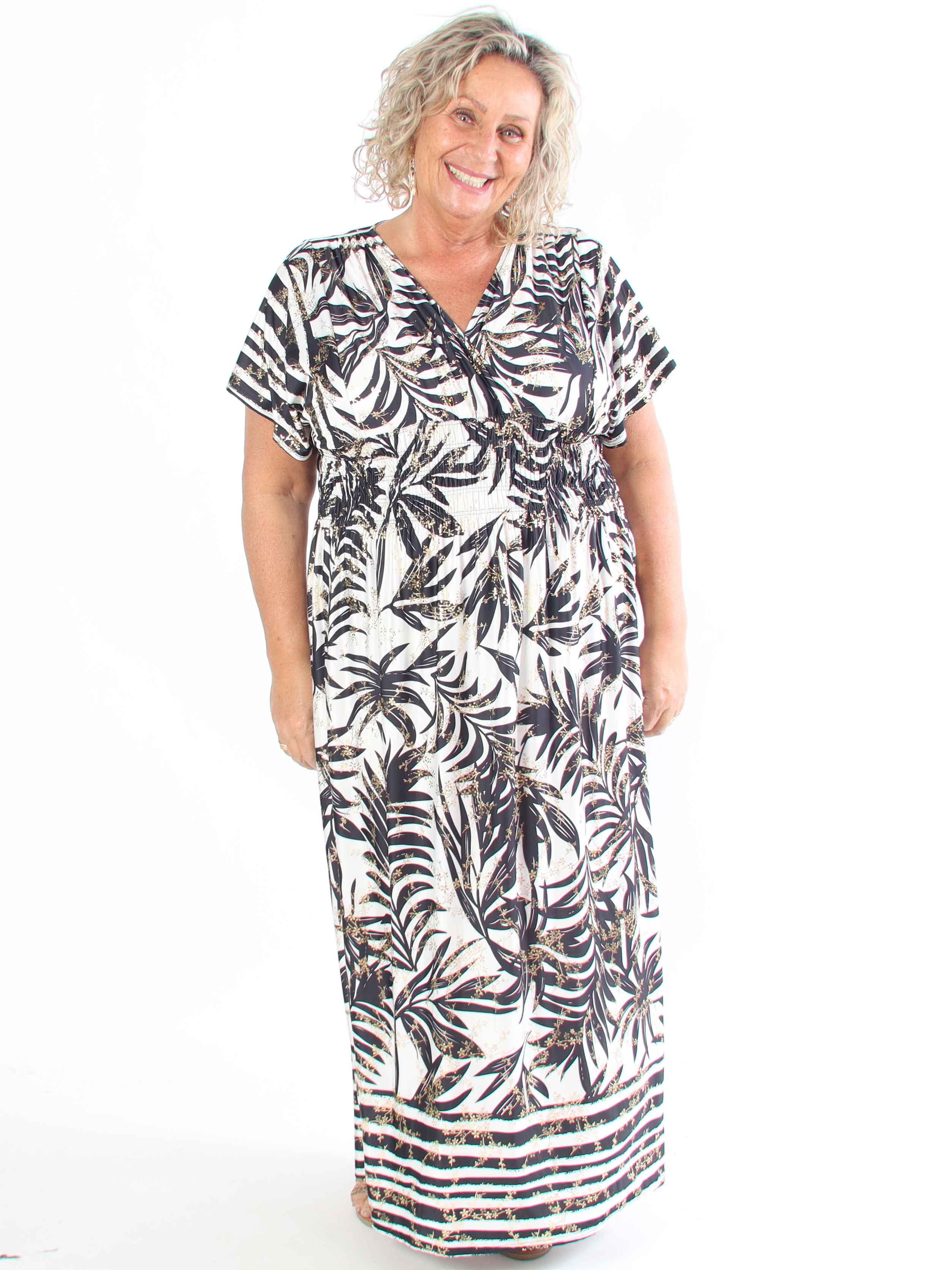 Pams Palm - Lang plus size kjole med palmeblade og smock i livet